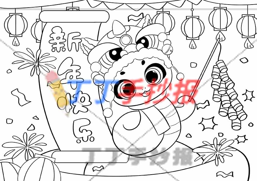 蛇年新年快乐儿童画中间拿鞭炮小蛇