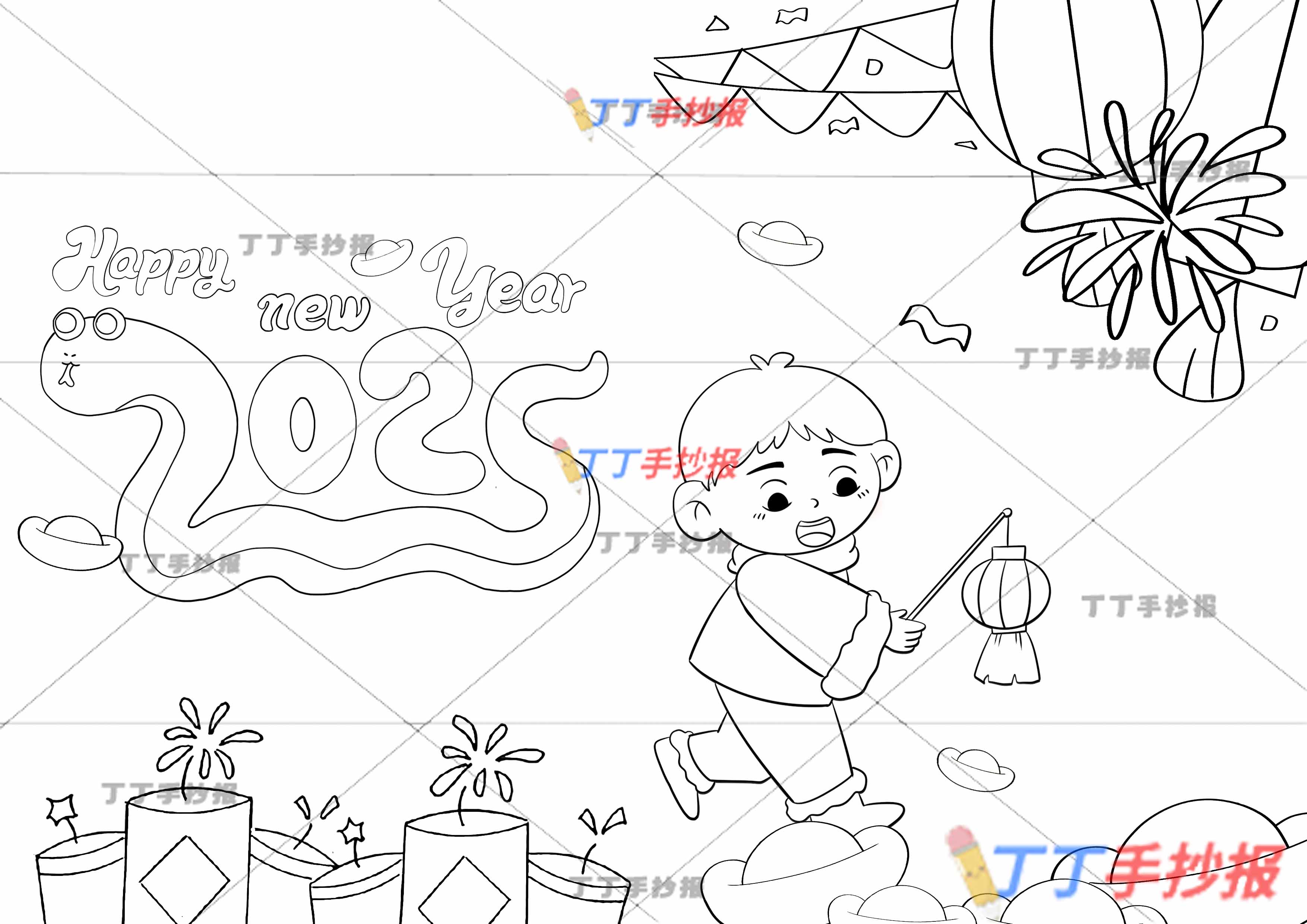 2025蛇年贺卡左右儿童画提灯笼男孩