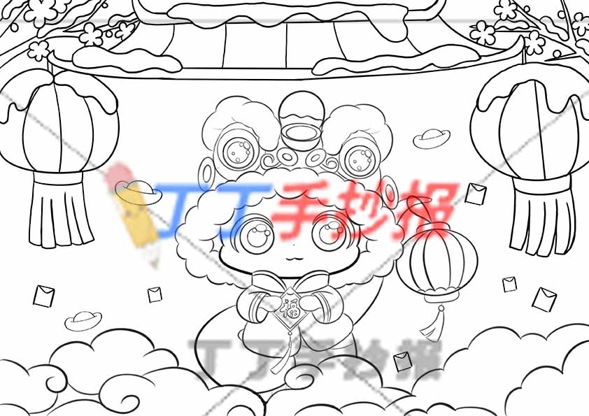 2025元旦儿童画绘画蛇年中间蛇拿福
