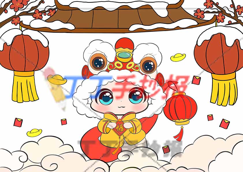 2025元旦儿童画绘画蛇年中间蛇拿福