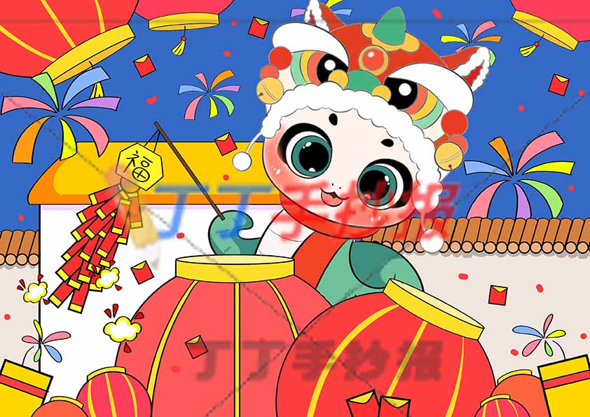 蛇年新年儿童画绘画中间蛇举鞭炮