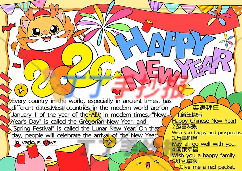 2024新年英语手抄报happy new year可爱小龙