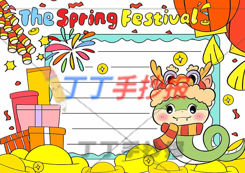 春节英语手抄报右下戴围巾小蛇