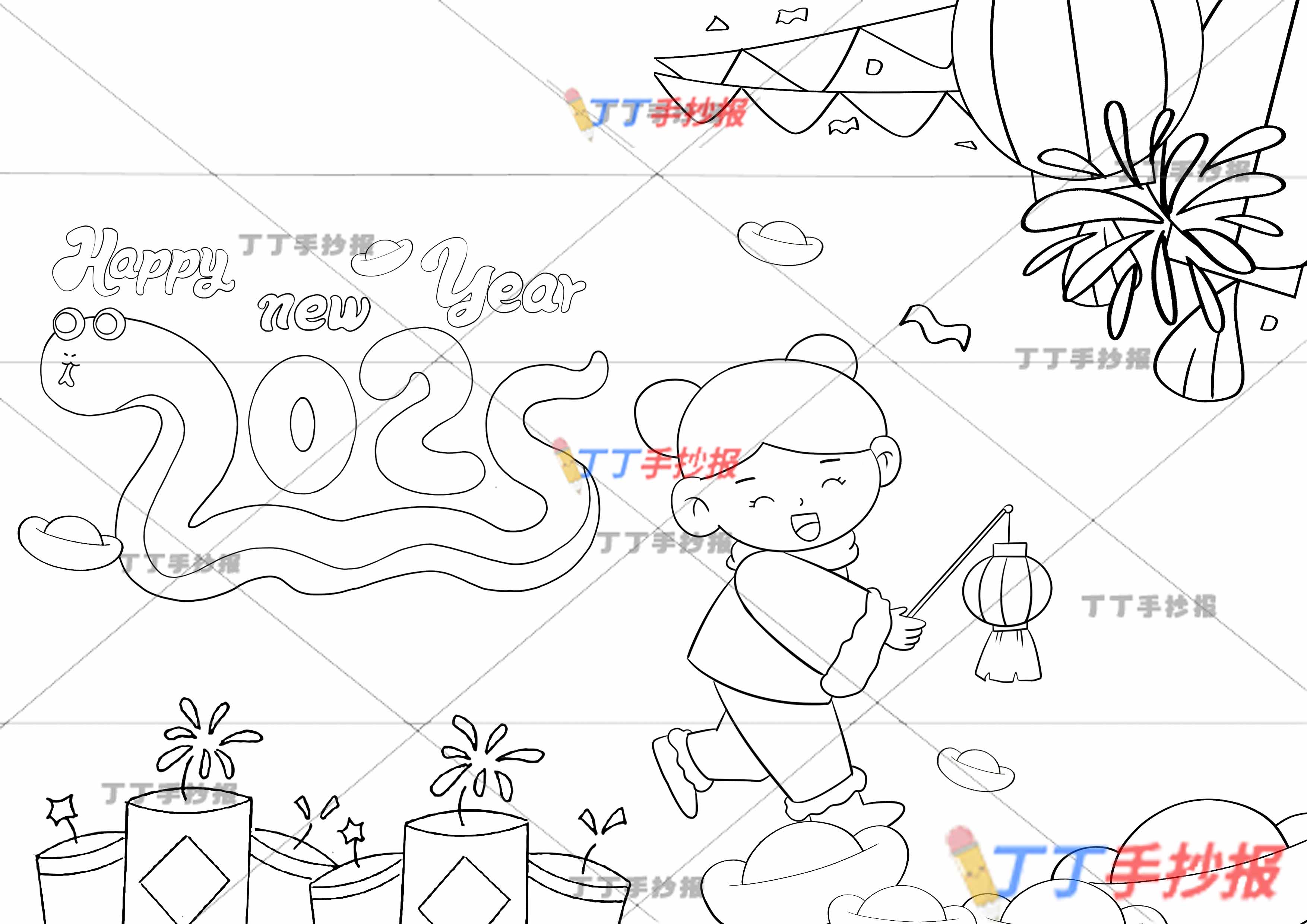 2025蛇年贺卡左右横版绘画提灯笼女孩