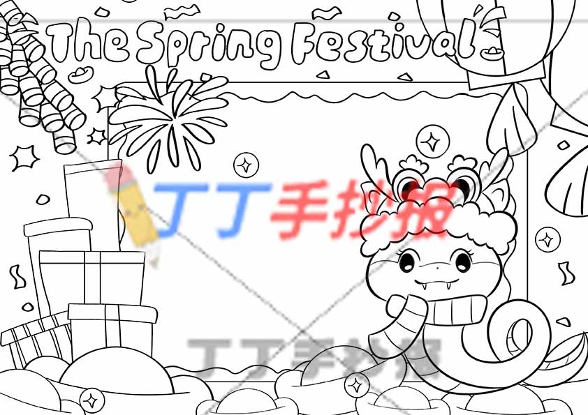 春节英语手抄报右下戴围巾小蛇