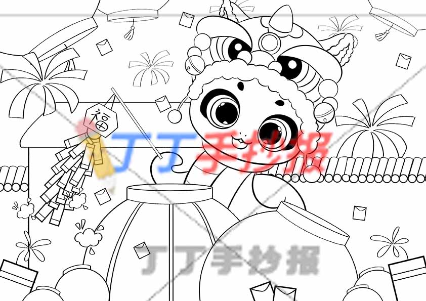蛇年新年儿童画绘画中间蛇举鞭炮