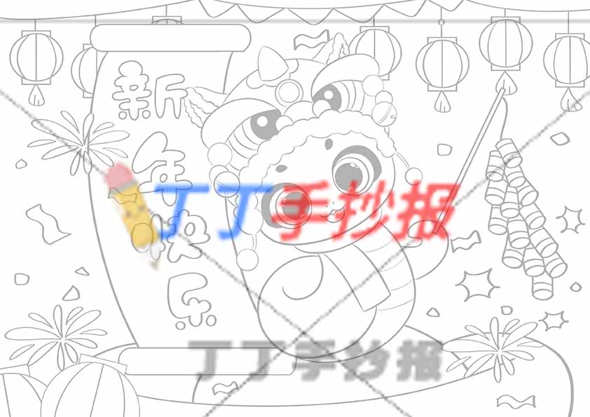蛇年新年快乐儿童画中间拿鞭炮小蛇