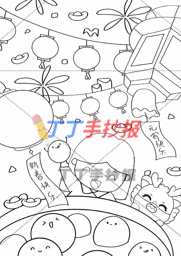新年元宵竖版儿童画女孩小龙