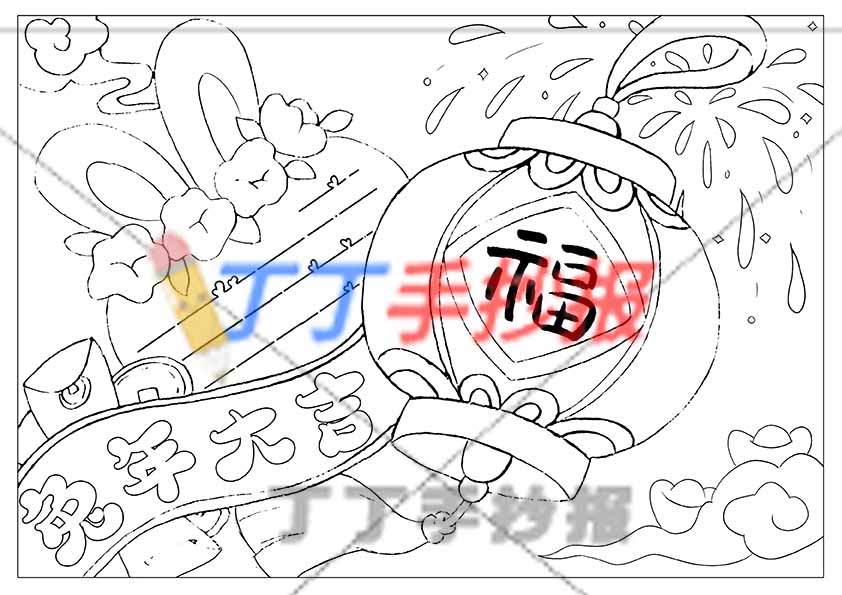 兔年大吉贺卡主题绘画模板素材灯笼