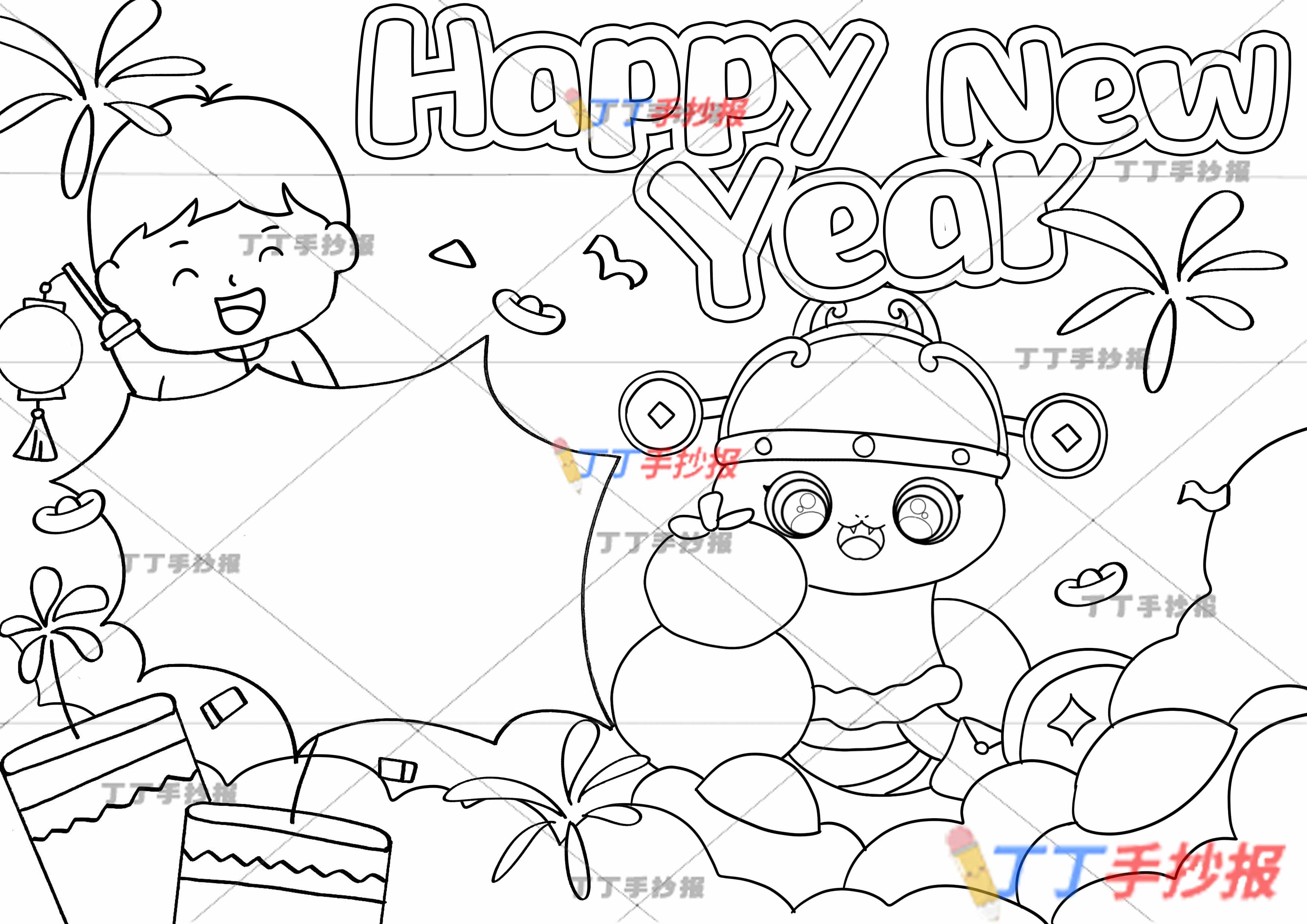 蛇年新年快乐英语手抄报男孩happy new year