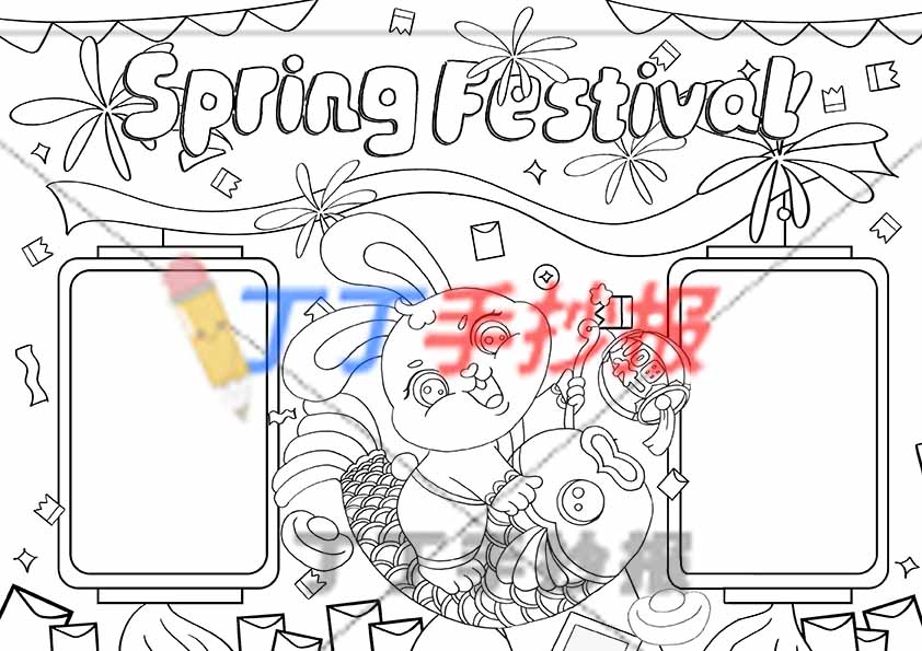 兔年春节英语手抄报兔子中间