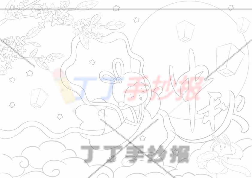 中秋节儿童画中秋绘画右侧大月亮嫦娥