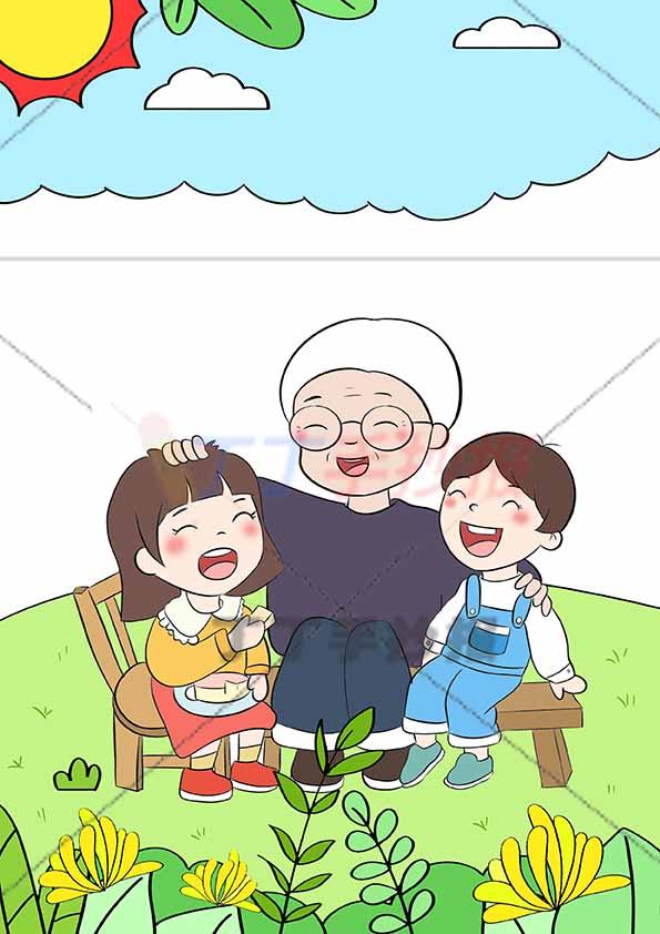 孝亲敬老儿童画竖版孝敬绘画三人