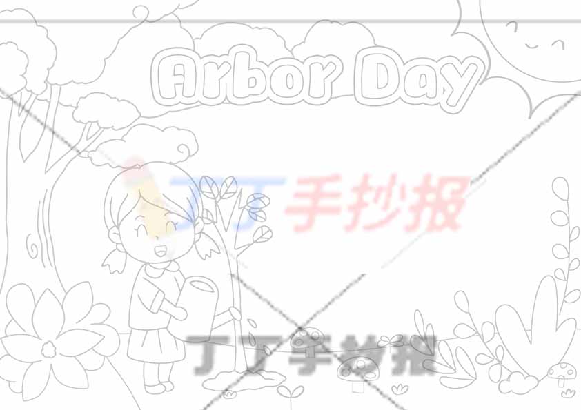 植树节英语手抄报女孩左侧大树