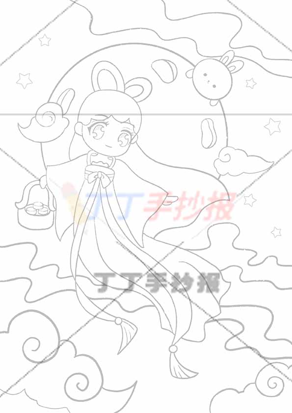 中秋节儿童画中秋绘画竖版嫦娥粉色