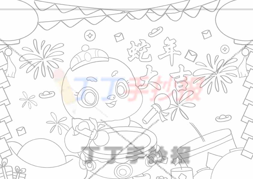 2025春节儿童画主题绘画中间敲鼓小蛇
