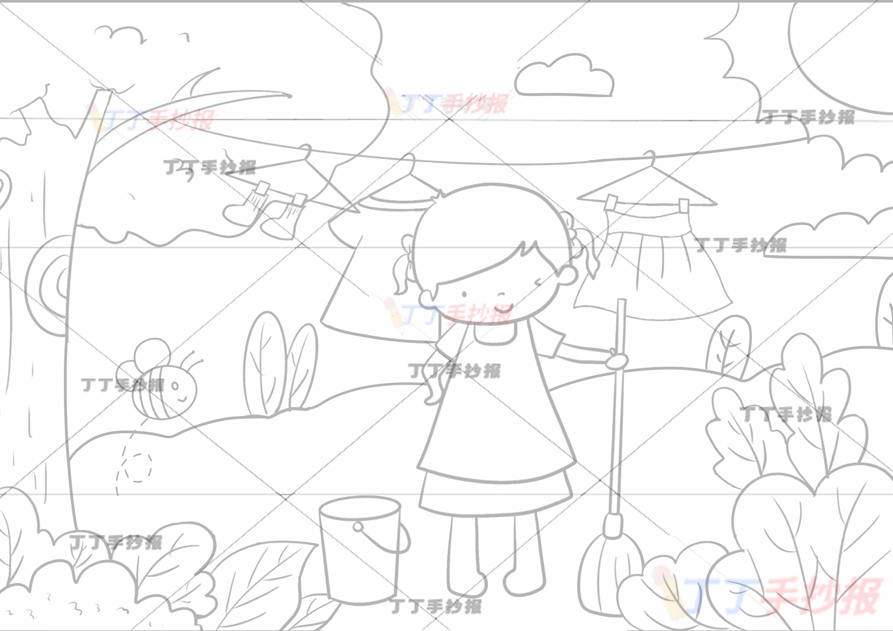 劳动节儿童画劳动绘画中间扫地女孩