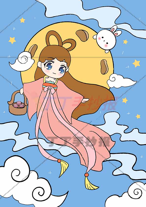 中秋节儿童画中秋绘画竖版嫦娥粉色