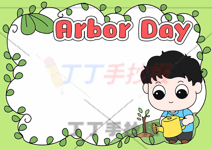 植树节英语手抄报男孩绿叶边框