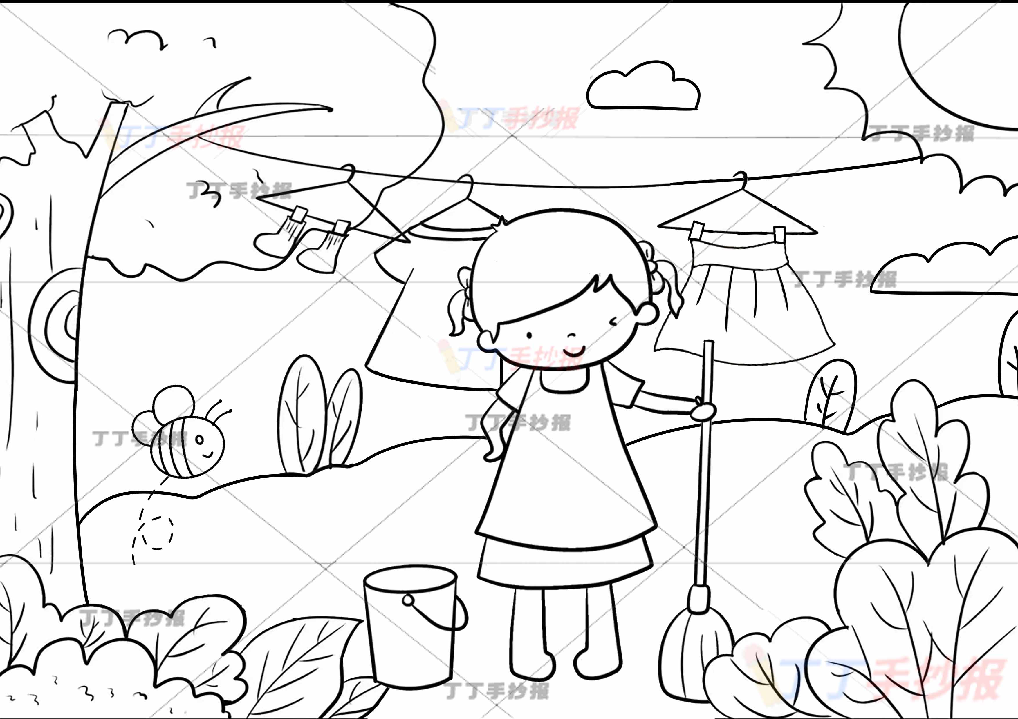 劳动节儿童画劳动绘画中间扫地女孩