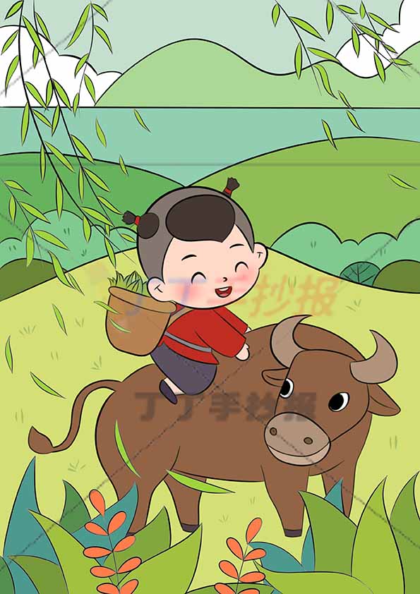 清明儿童画清明节绘画竖版牧童骑牛
