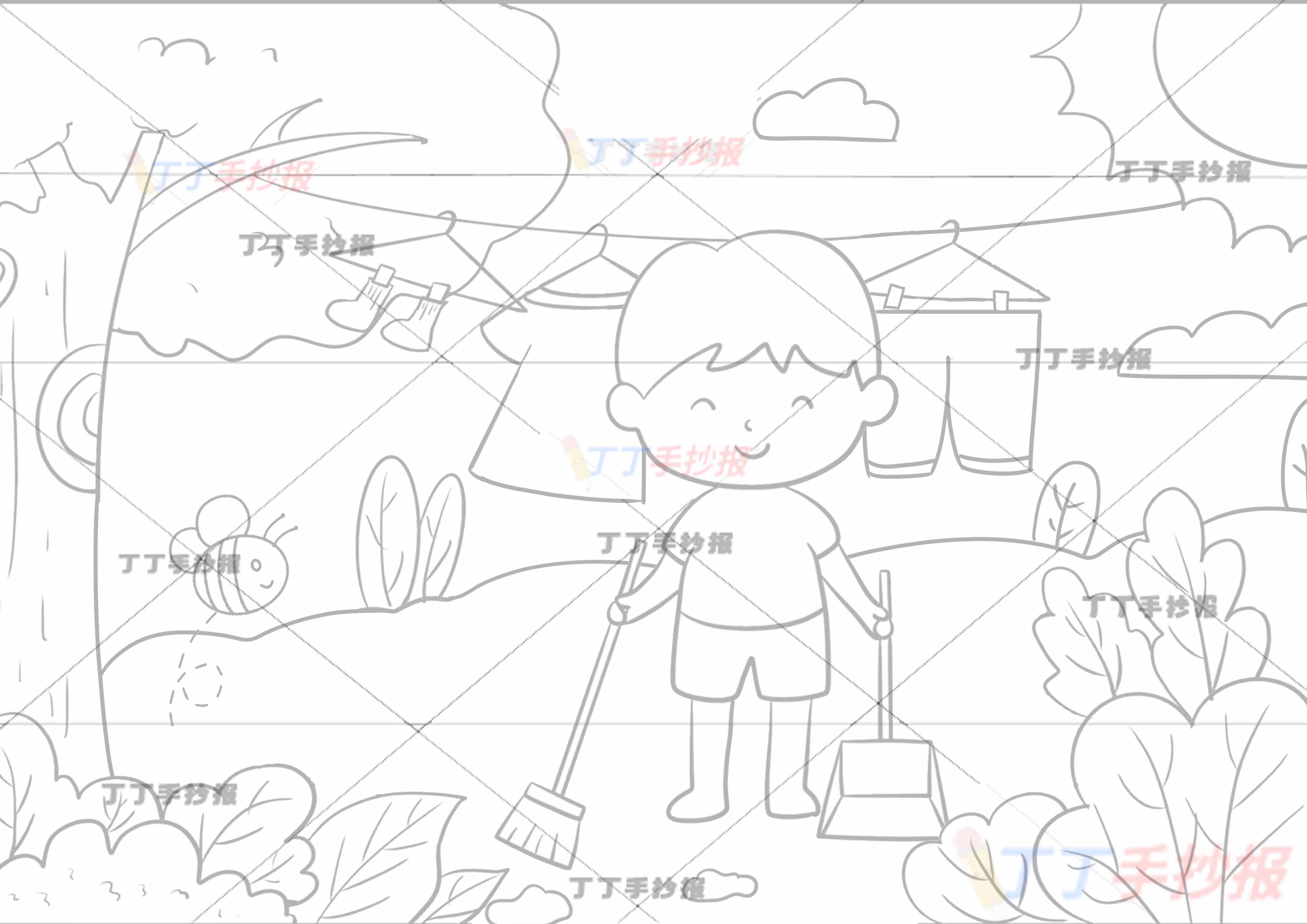 劳动节儿童画劳动绘画中间扫地男孩