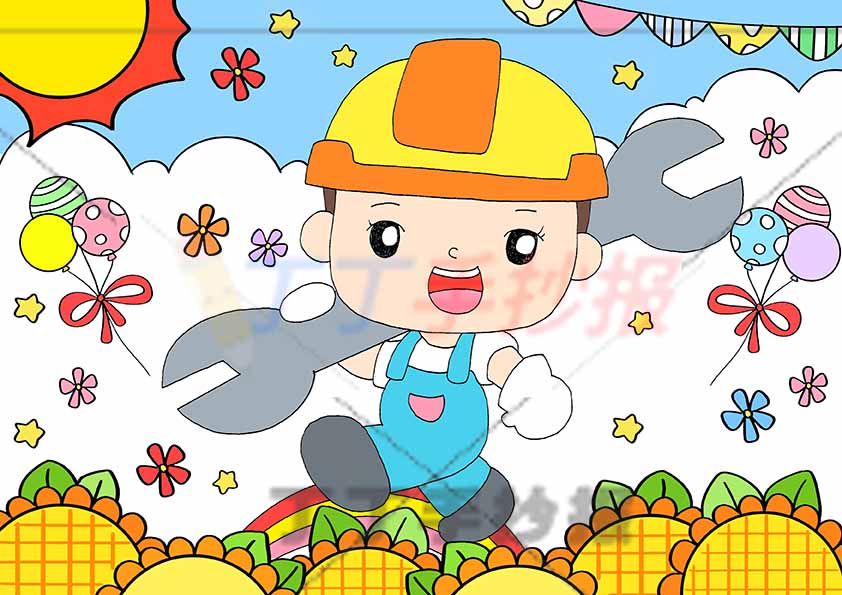 劳动节儿童画劳动绘画工人简单