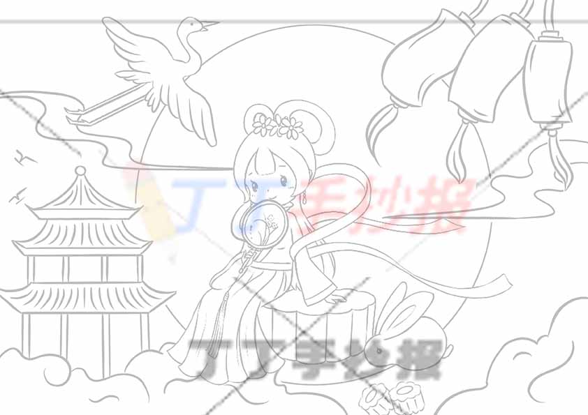 中秋节儿童画中秋绘画嫦娥亭子