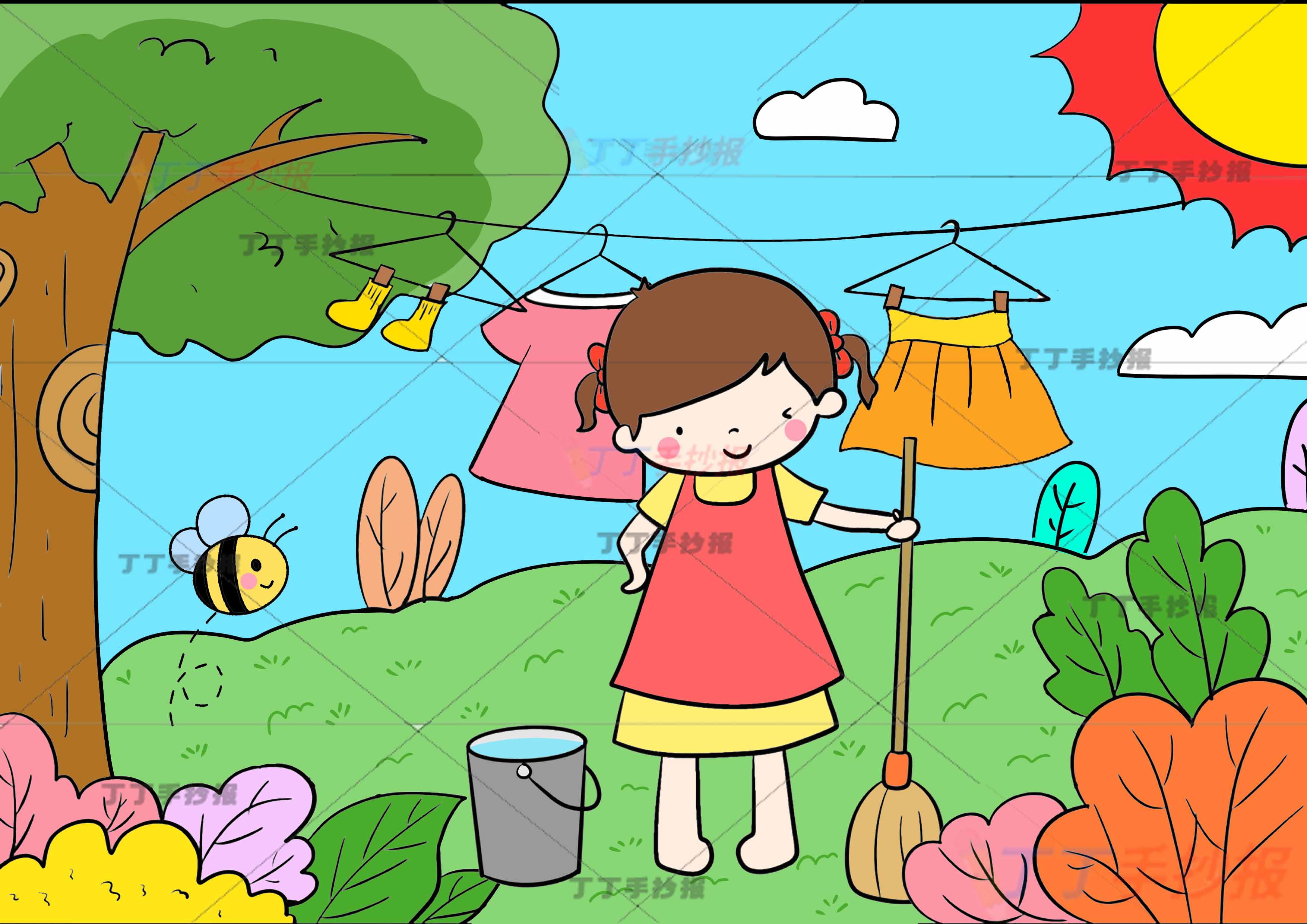 劳动节儿童画劳动绘画中间扫地女孩