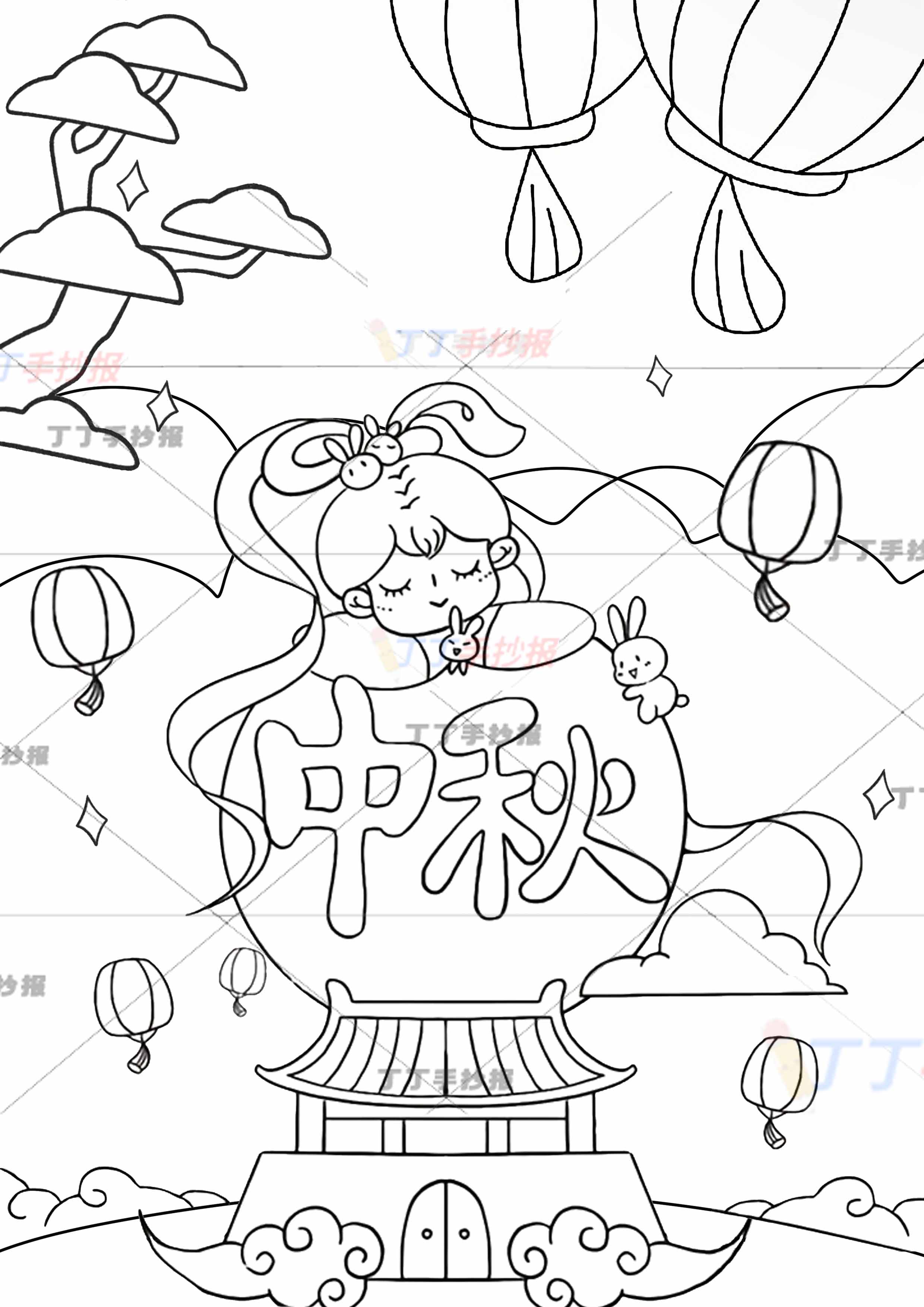 中秋节竖版儿童画中秋绘画嫦娥右上灯笼