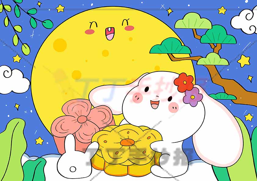中秋节儿童画中秋绘画兔子月饼