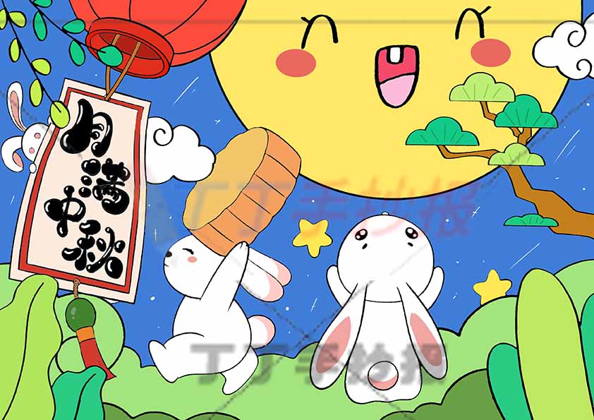 中秋节儿童画中秋绘画兔子月满中秋