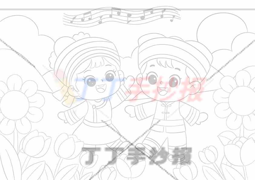 壮族三月三儿童画绘画男女郁金香