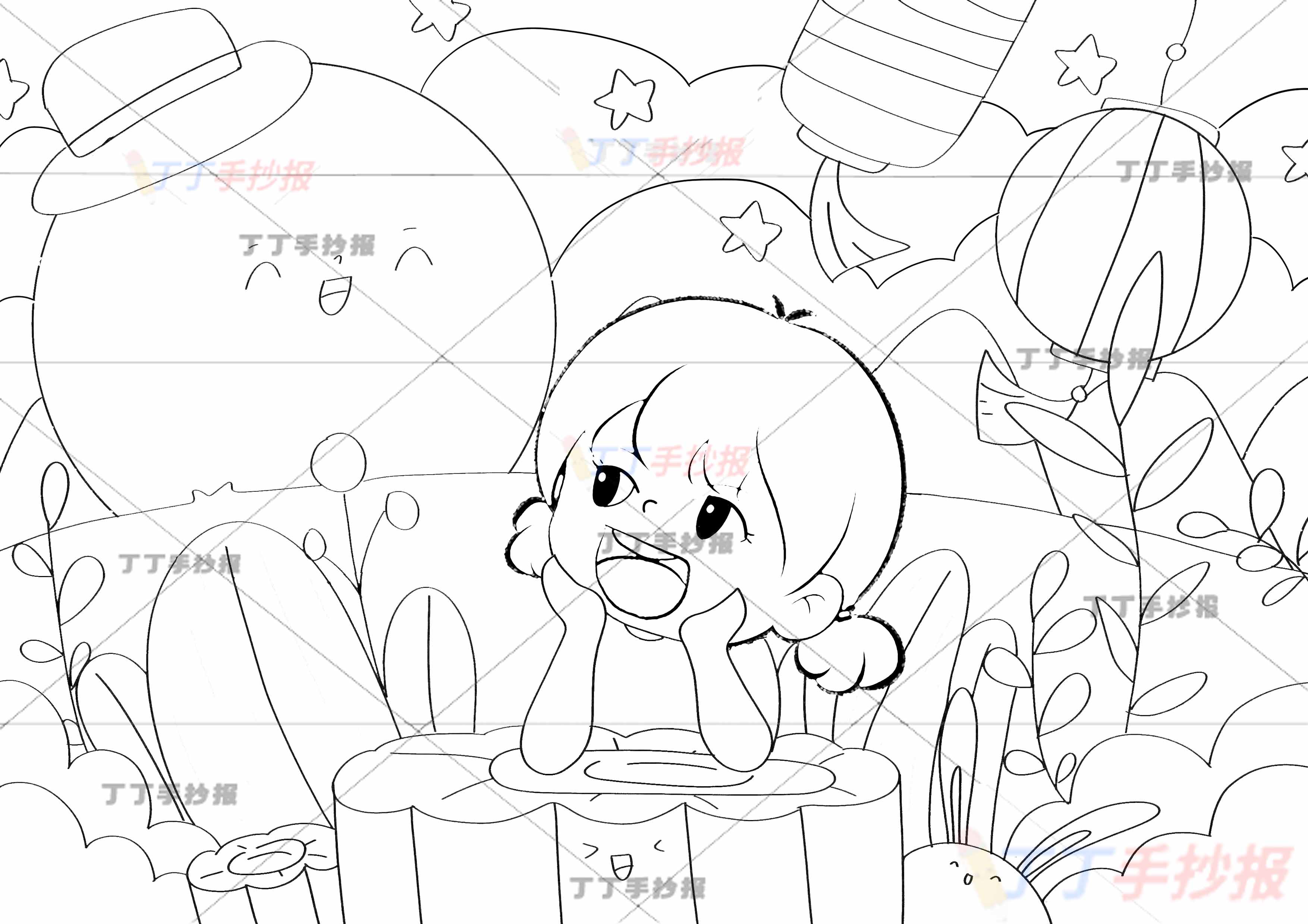 中秋节儿童画中秋绘画女孩看月亮