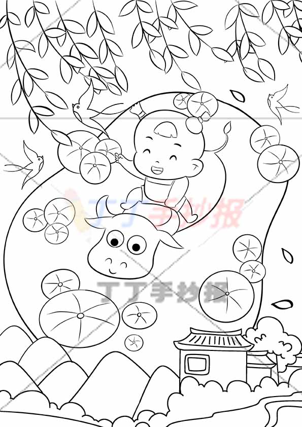 清明节儿童画清明绘画竖版男孩骑牛池塘