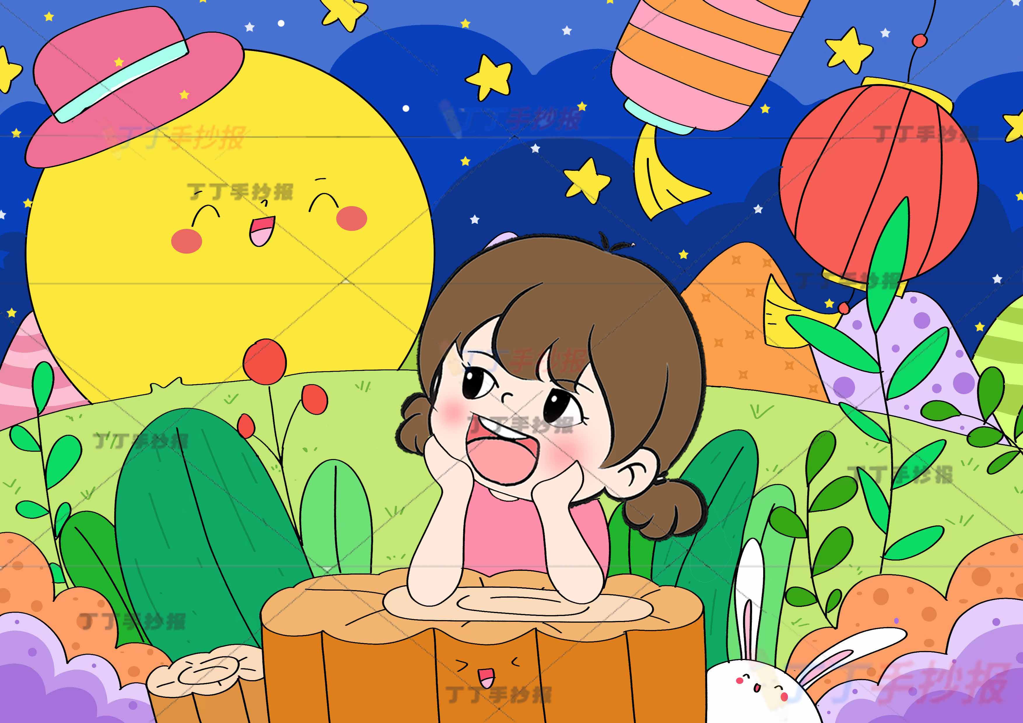 中秋节儿童画中秋绘画女孩看月亮