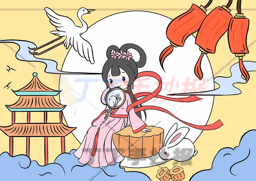 中秋节儿童画中秋绘画嫦娥亭子