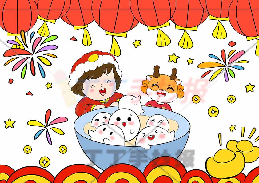 元宵节儿童画女孩小龙