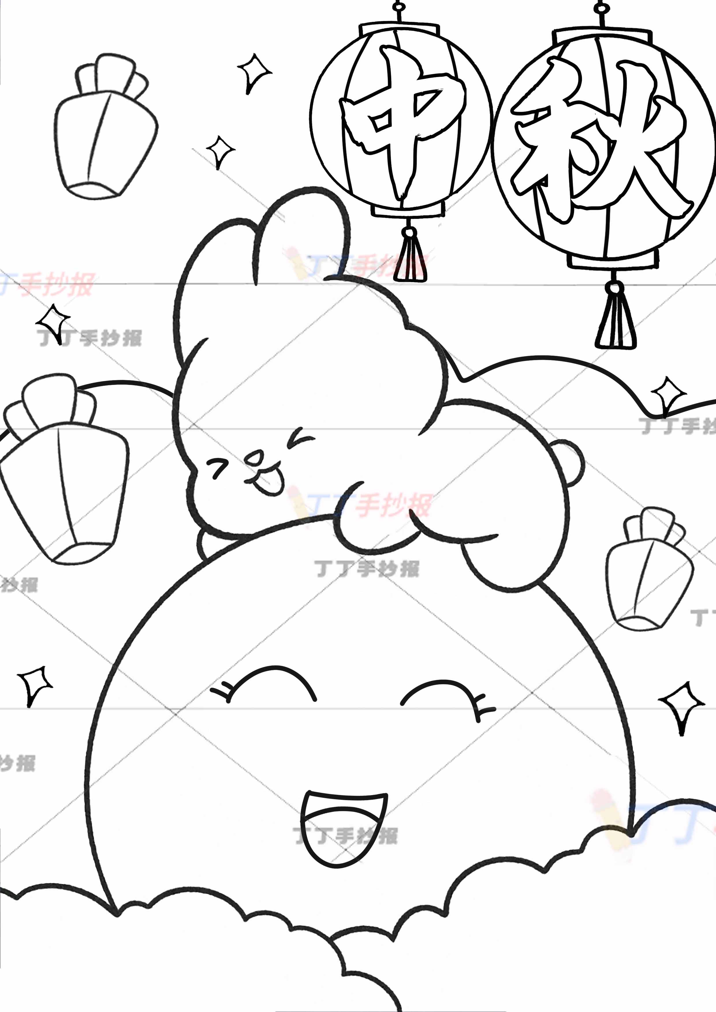 中秋竖版儿童画兔子简单右上灯笼