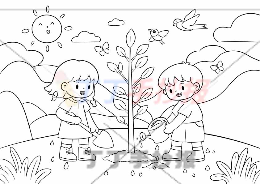 植树节儿童画爱绿护绿保护环境绘画男女浇水