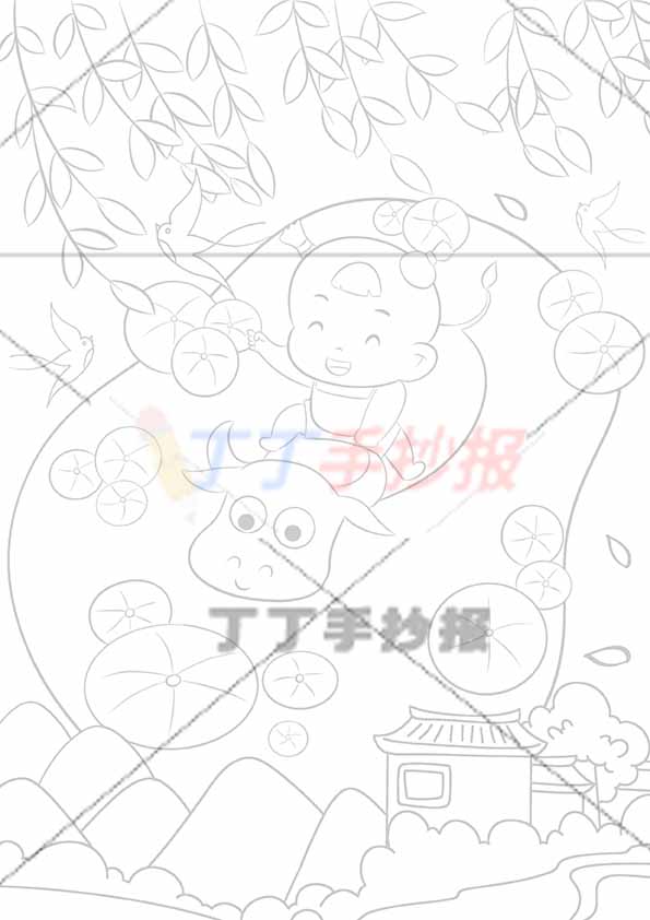清明节儿童画清明绘画竖版男孩骑牛池塘