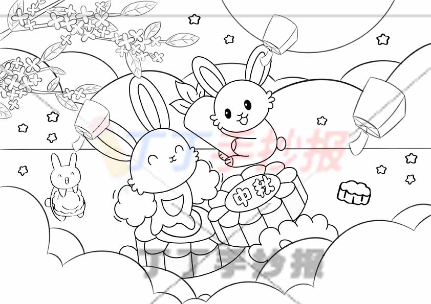 中秋节儿童画中秋绘画两兔子站月饼