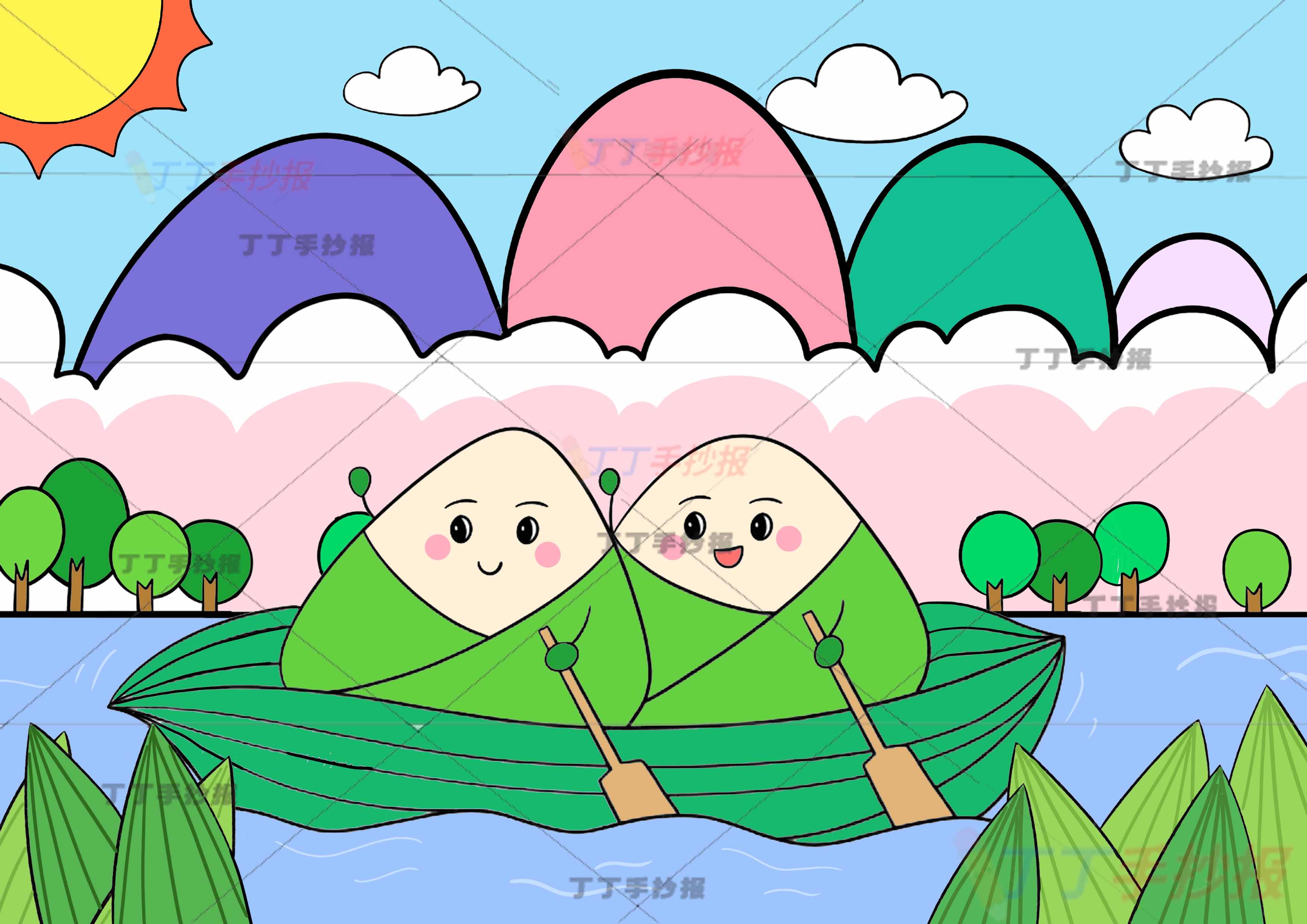 端午节儿童画主题绘画各色山峰