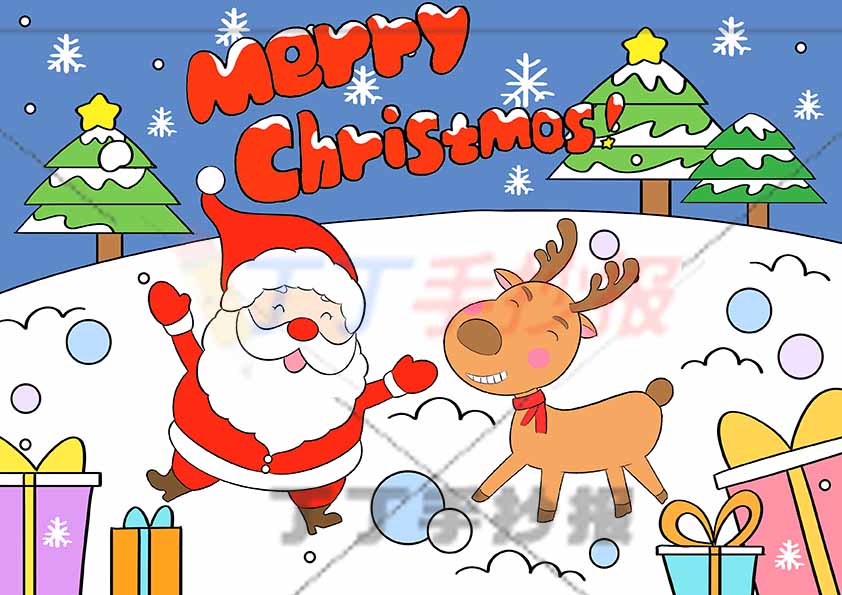 圣诞节儿童画merry christmas英语圣诞老人麋鹿