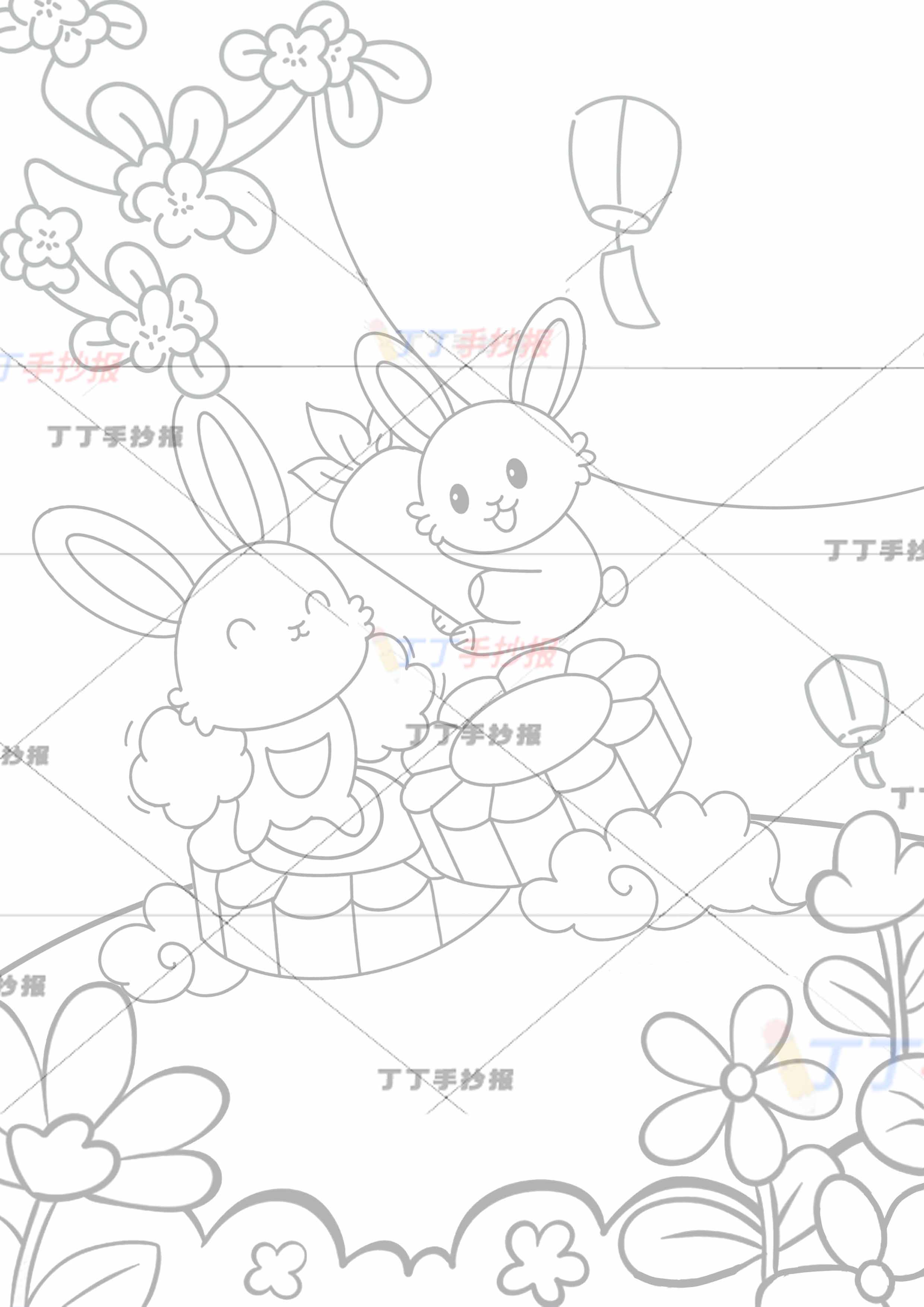 中秋节儿童画竖版绘画两兔子