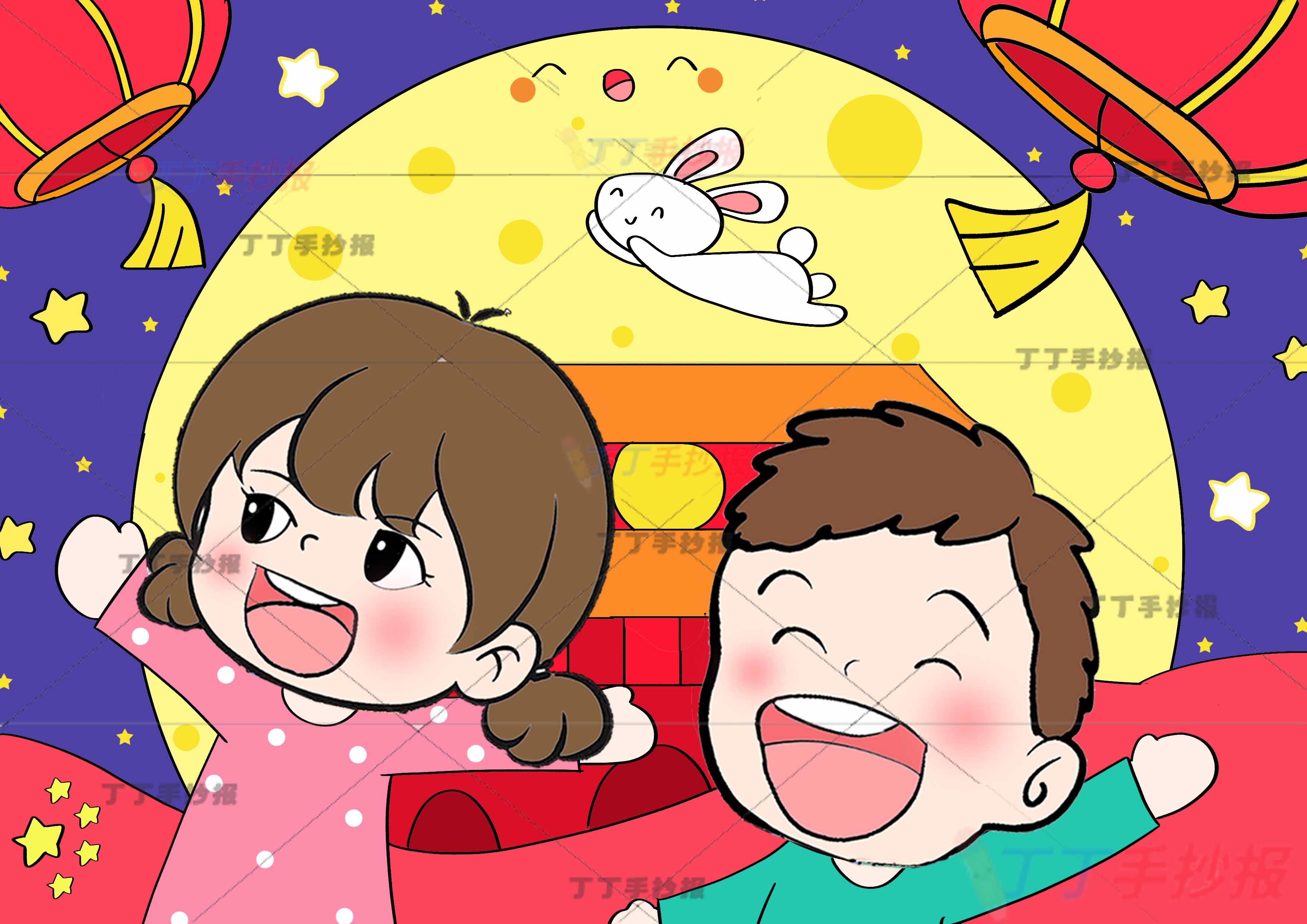 迎中秋庆国庆儿童画绘画男女大月亮中秋国庆