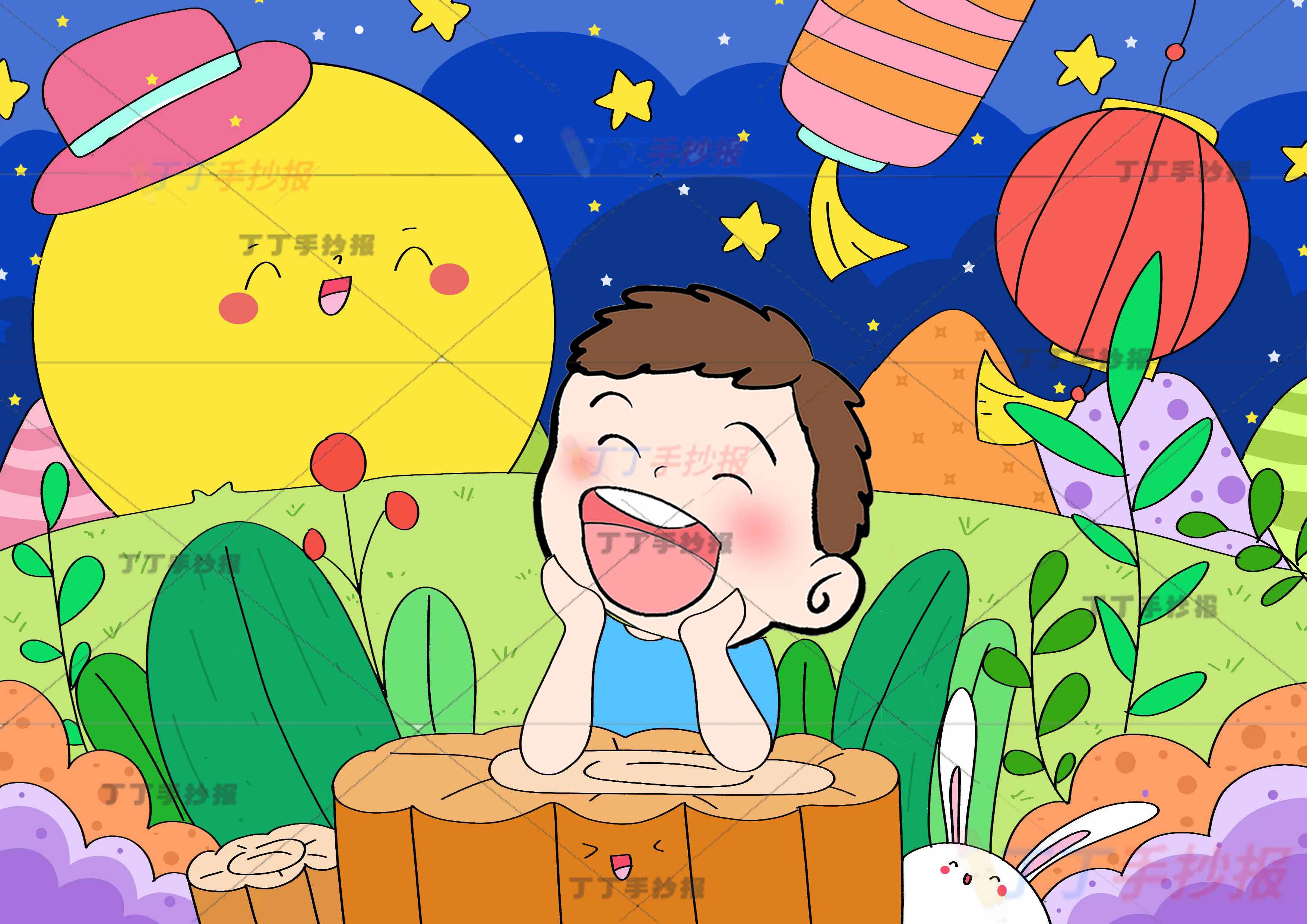 中秋节儿童画中秋绘画男孩看月亮