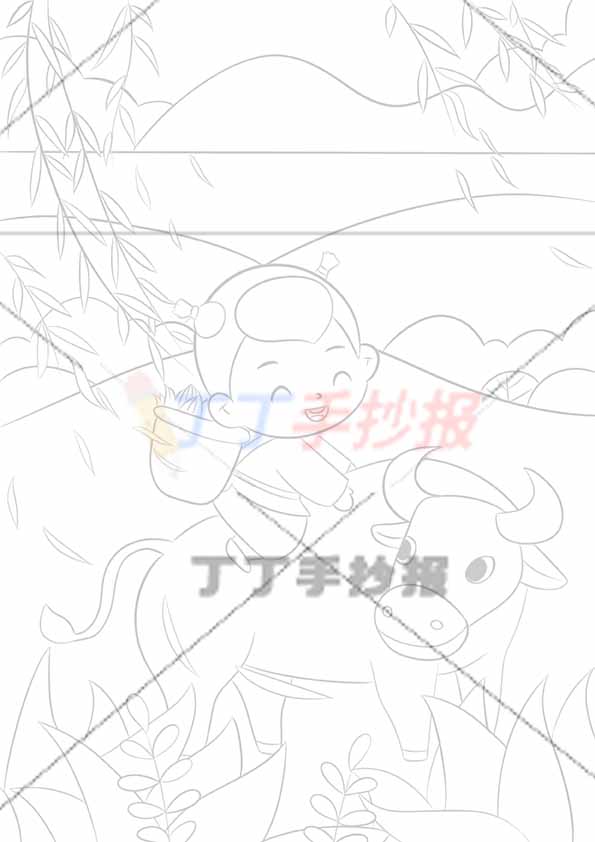 清明儿童画清明节绘画竖版牧童骑牛