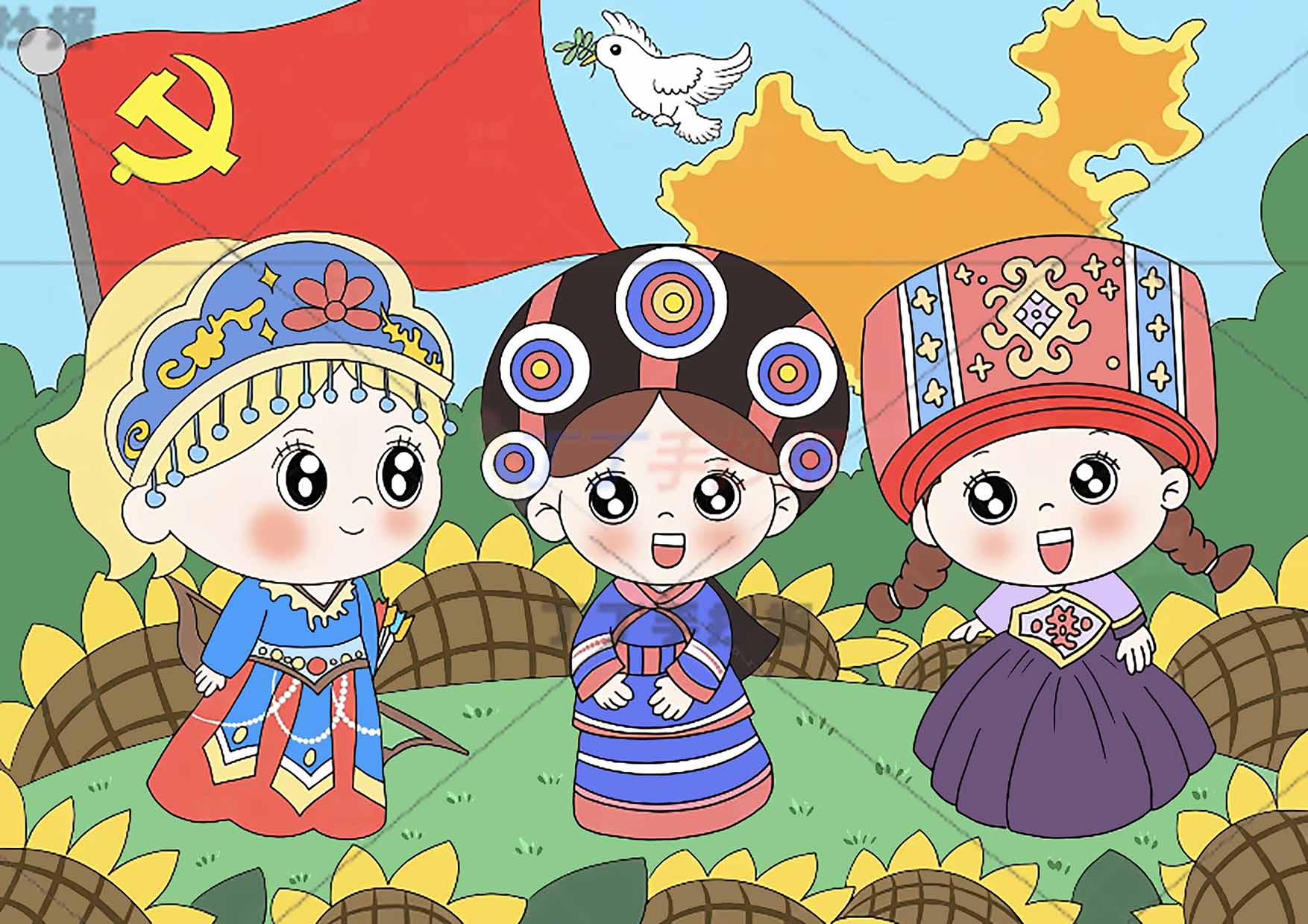 民族团结儿童画绘画三人女孩地图