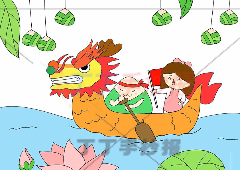 端午节儿童画主题绘画龙舟女孩